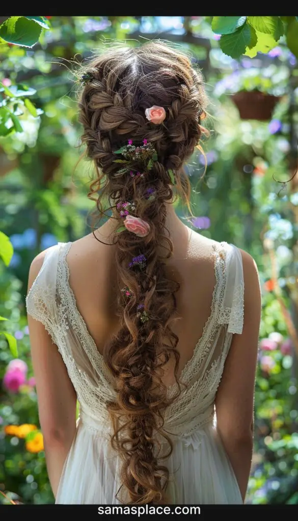 Back view of a woman’s braid, richly adorned with pink flowers and greenery, positioned in a colorful garden setting.