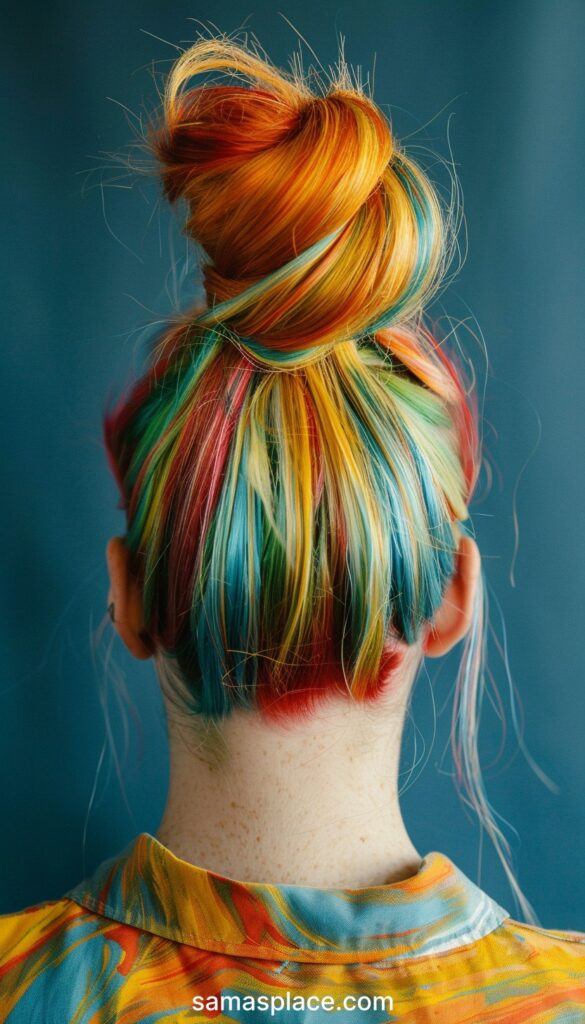 Back view of a person with a colorful top knot in rainbow hues, set against a blue background.