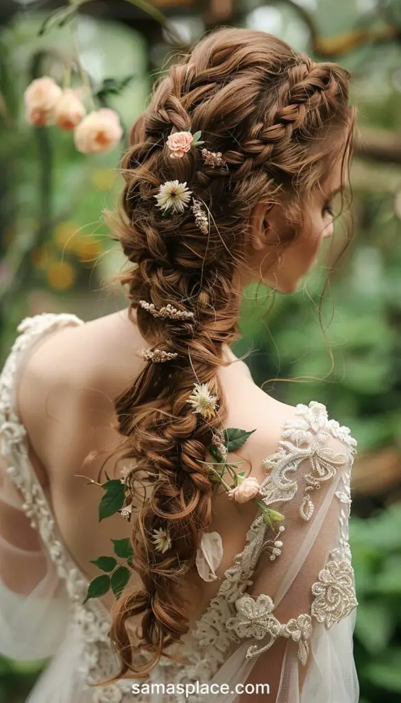 A woman's detailed braid adorned with small pink and white flowers and green leaves, viewed from behind.