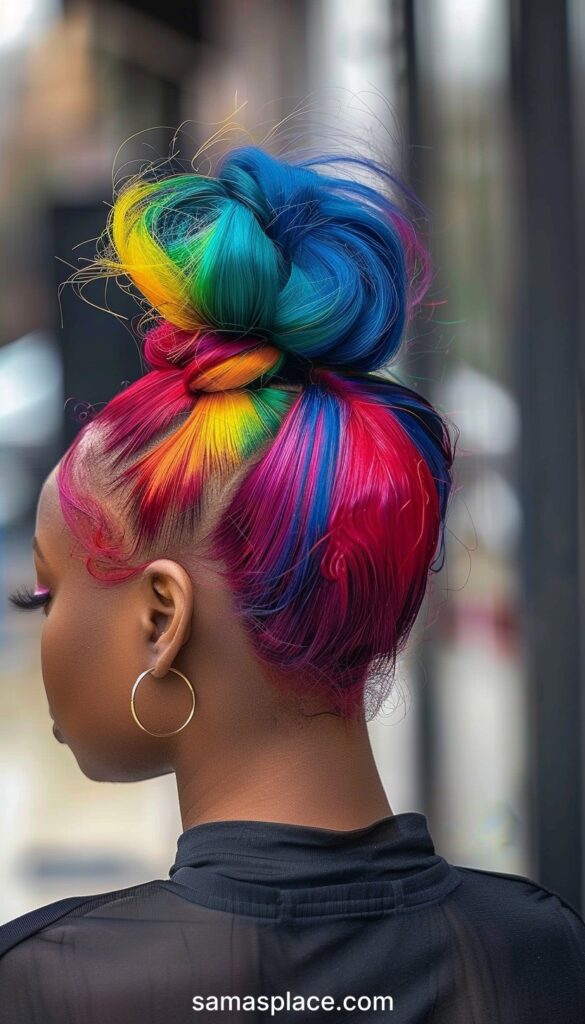 Back view of a woman with a high top bun, showcasing a rainbow of bright colors in her hair.