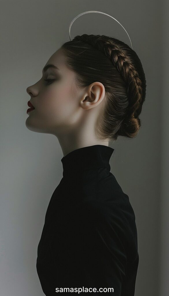 Side profile of a woman with a neat halo braid, featuring a simple yet stylish look against a neutral background.