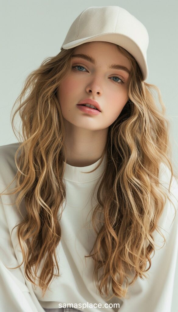 Young woman with wavy blonde hair under a white cap, looking gently at the camera.