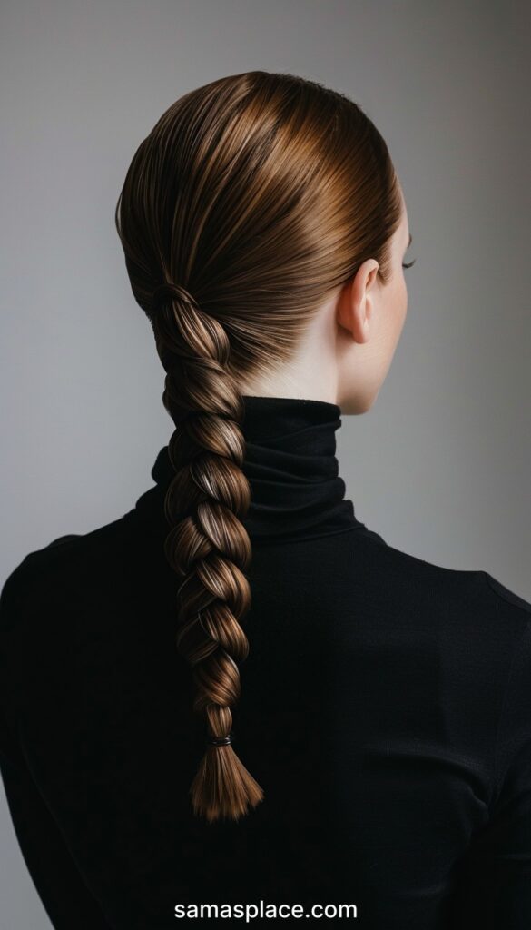 Rear view of a woman showcasing a long twisted braid, smoothly styled for a sophisticated appearance.