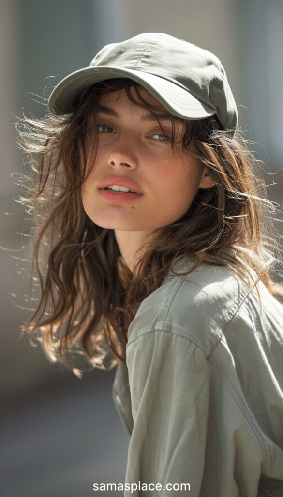 A woman in a green cap, her brown hair tousled, gives a captivating look.