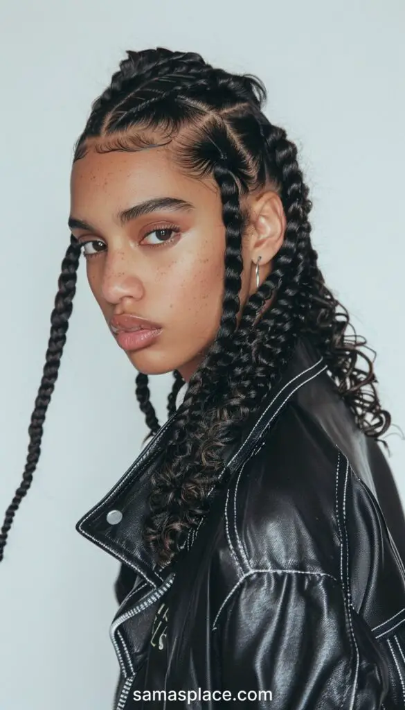 Front view of a young woman with intricately styled cornrows and loose curly ends, paired with a leather jacket for an edgy look.