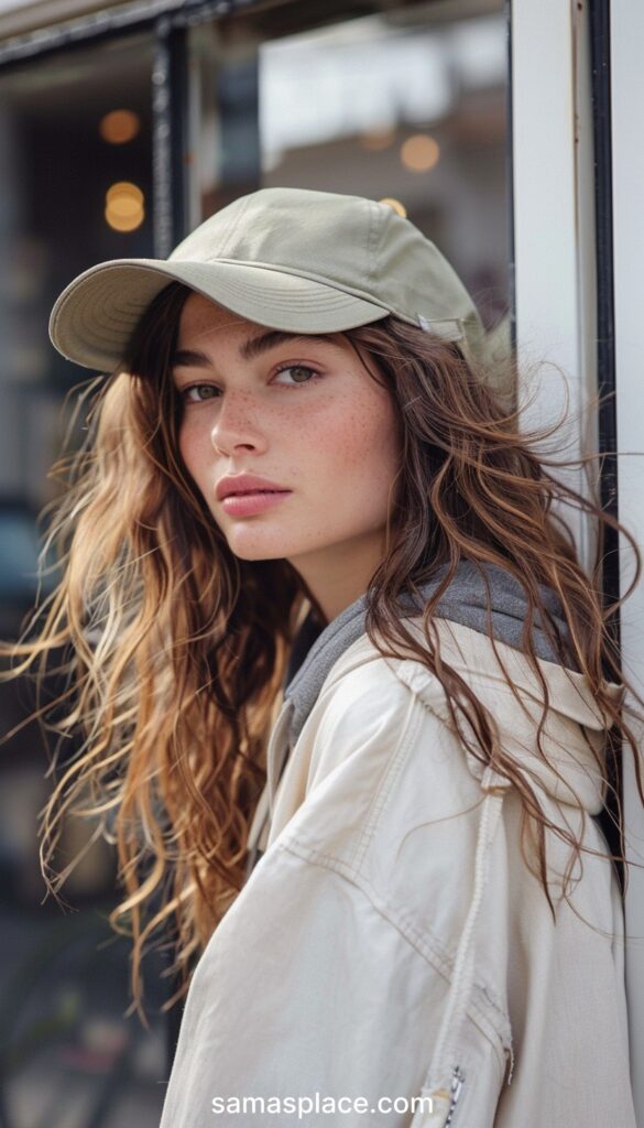  Woman wearing an olive cap and white jacket, her curly hair elegantly styled, standing near a window.