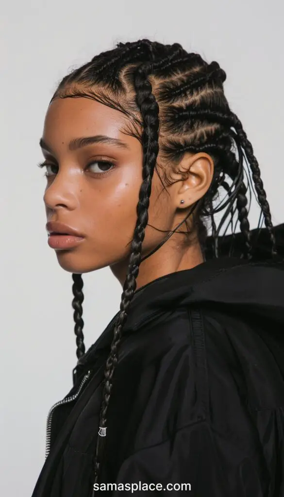 Close-up side profile of a woman with tightly styled braids, highlighting a chic and contemporary hairstyle.