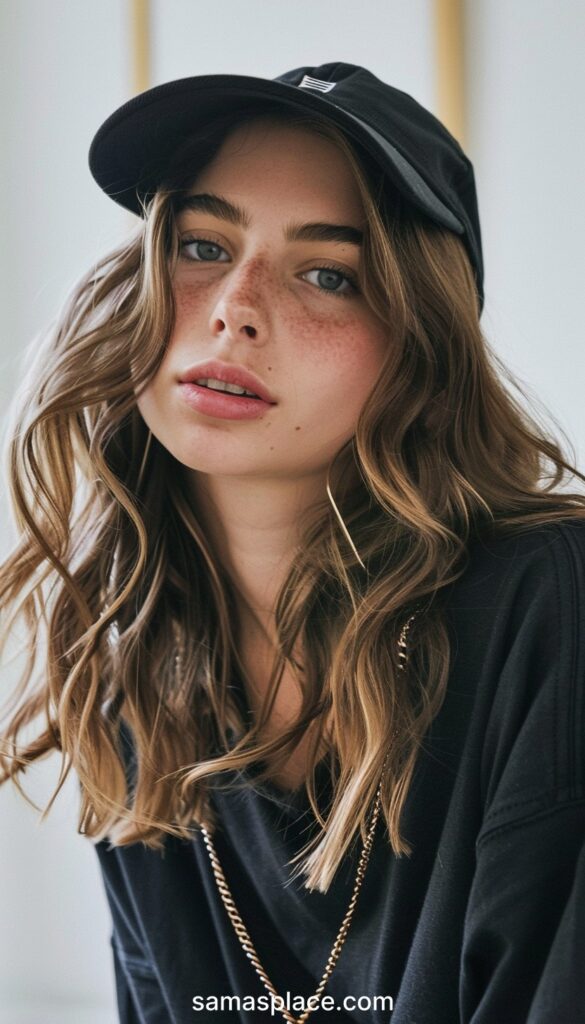 Close-up of a young woman wearing a black cap, her wavy brown hair flowing, adorned with a gold necklace.