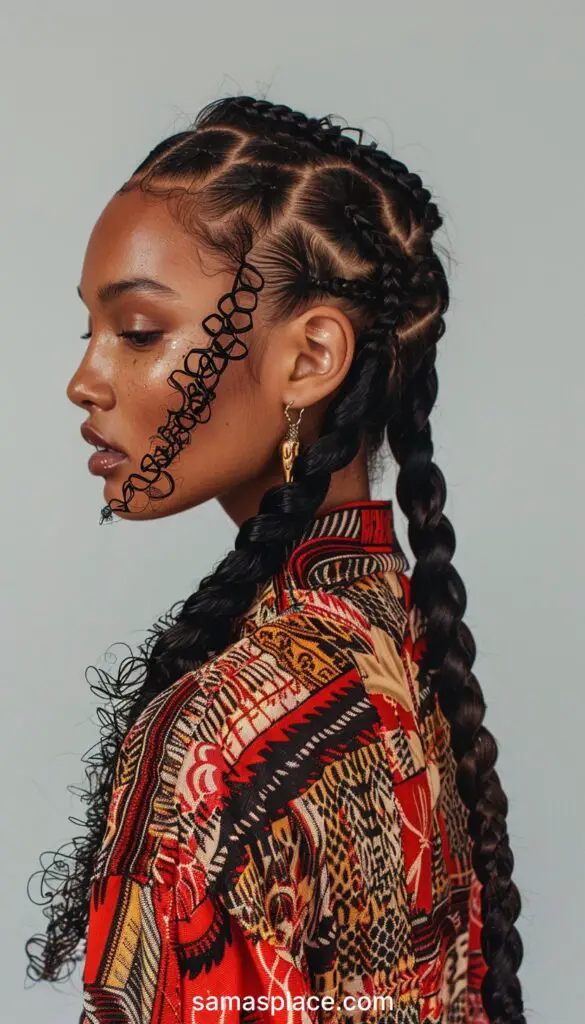 Rear view of a woman’s head with detailed braids adorned with vibrant tribal patterns, adding an artistic touch to the hairstyle.