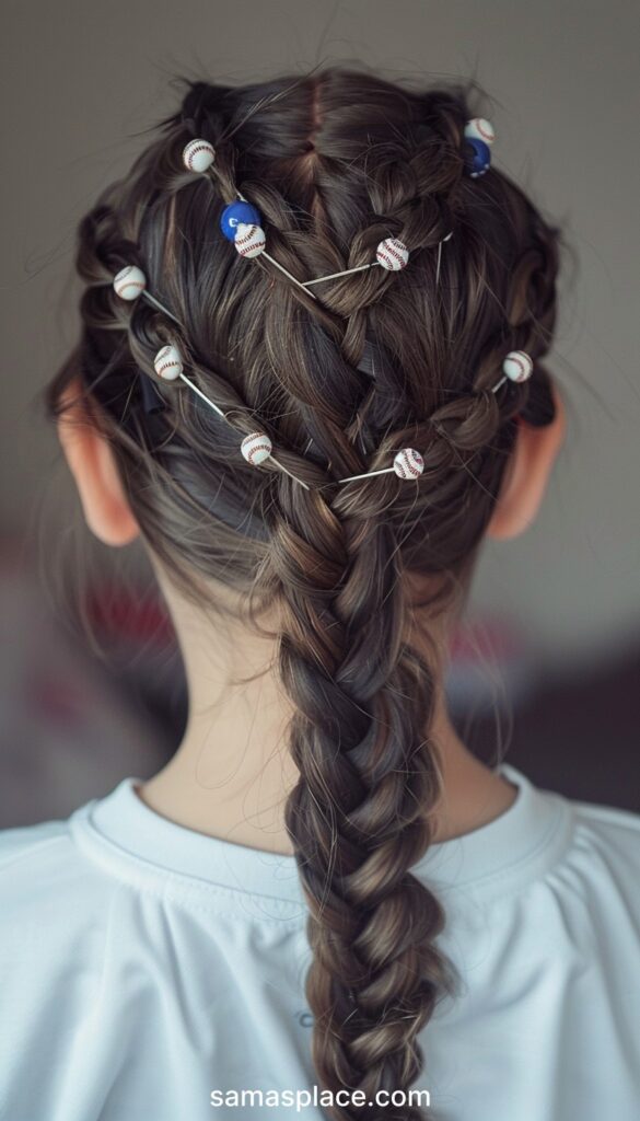 Rear view of a young girl's intricate braid, adorned with baseball-themed decorations and blue ribbons.