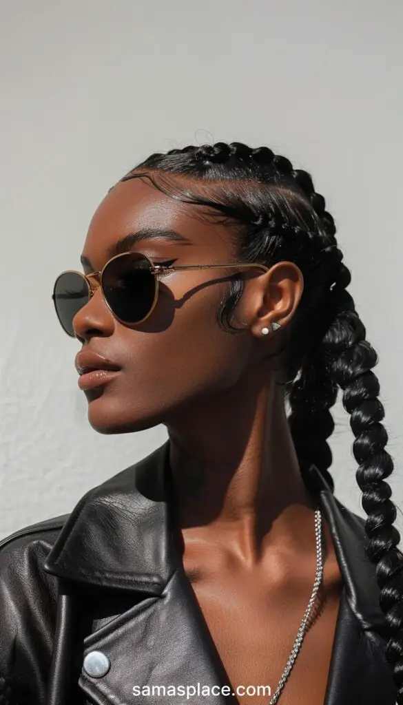 A stylish woman with sleek braids and round sunglasses, posing confidently in a leather jacket.