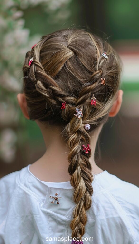 Rear view of a girl's hair, tightly braided and embellished with small red charms and accessories, set against a natural green background.