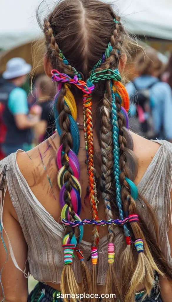 Back view of a woman at a festival, her hair styled in several braids with colorful threads and beads.