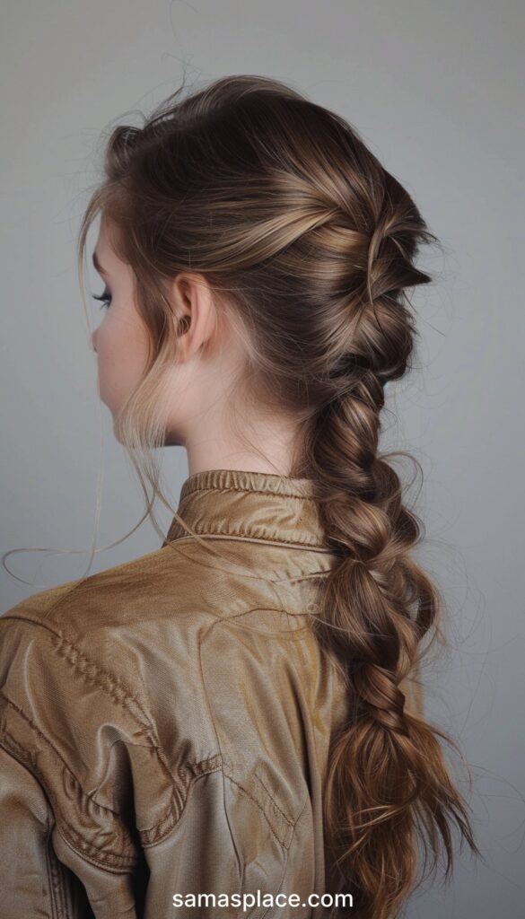 Side profile of a woman with a chic braided updo in a brown leather jacket.