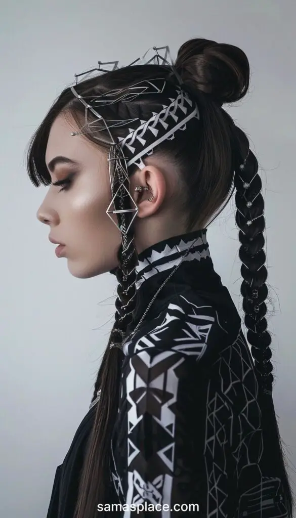 Side profile of a woman with an innovative braided hairstyle, accented with striking geometric hair accessories against a modern patterned outfit.