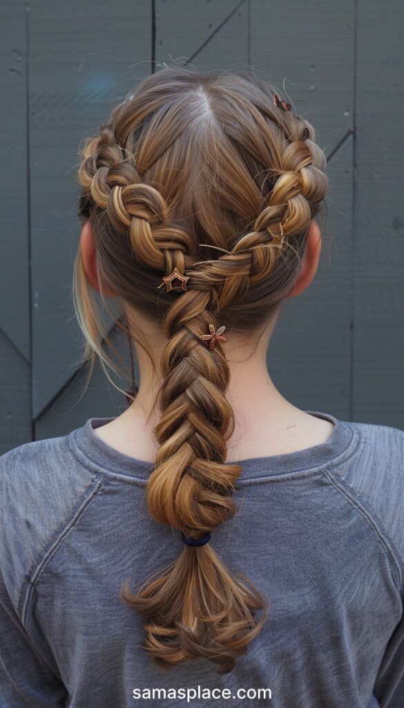 Back view of a young girl's head showing a complex braided hairstyle adorned with cute metallic charms, set against a dark gray background.