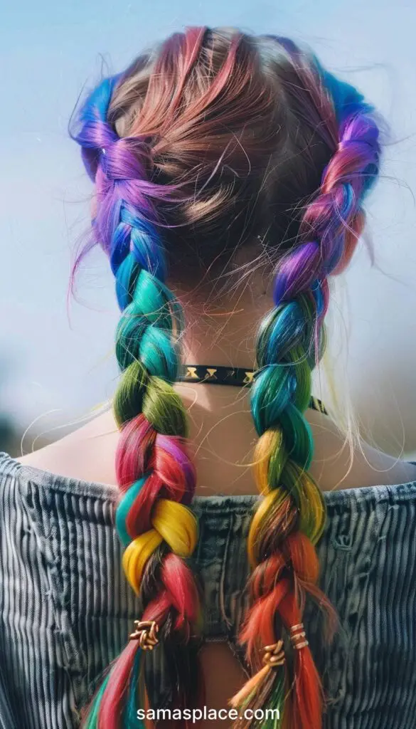 Rear view of a woman's head featuring twisted braids in a blend of vivid colors including blues, pinks, and greens.
