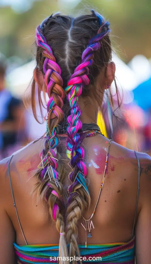 Close-up of a woman's neon pink and multicolored braided hair, viewed from the back at an outdoor setting.