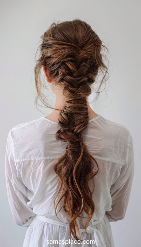 Back view of a woman in a white blouse with a long, twisted brunette braid.