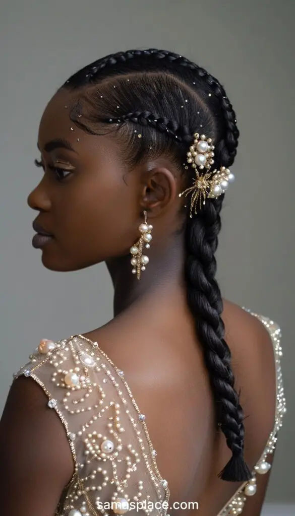 Side profile of a young woman displaying a sleek black braid embellished with pearls and golden accents.