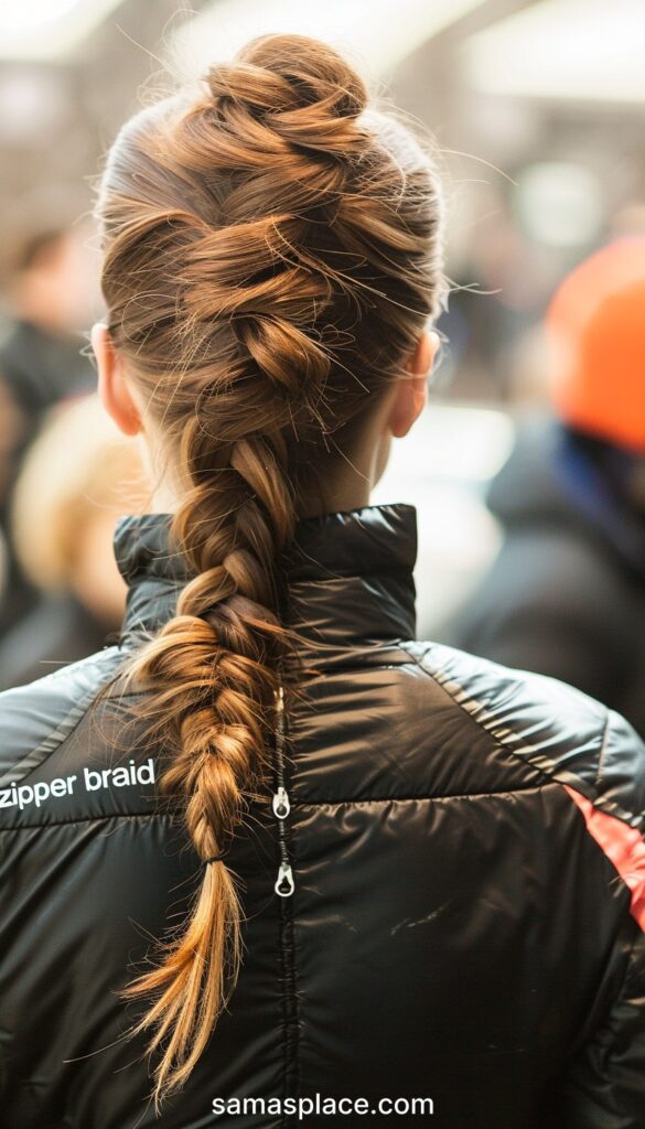 Woman in a black sports jacket with a unique zipper braid, viewed from the back.