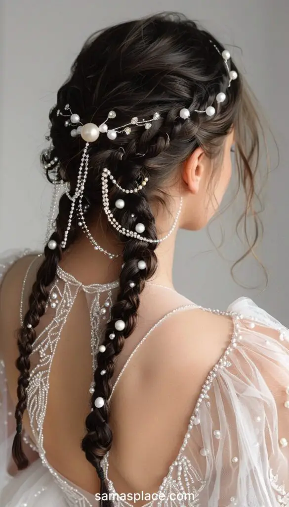 Back view of a bride's hairstyle with dual braids, delicately woven with pearls and crystals, complementing her sheer gown.