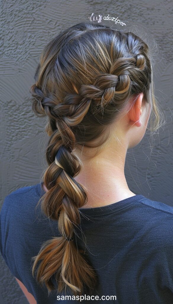 Back view of a woman in a dark blue shirt, featuring a sophisticated braided hairstyle with highlights.