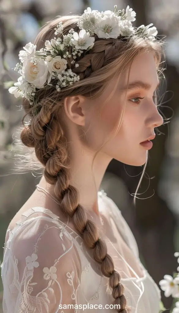 Side profile of a young woman wearing a white floral crown integrated into her braid, set against a soft, natural background.