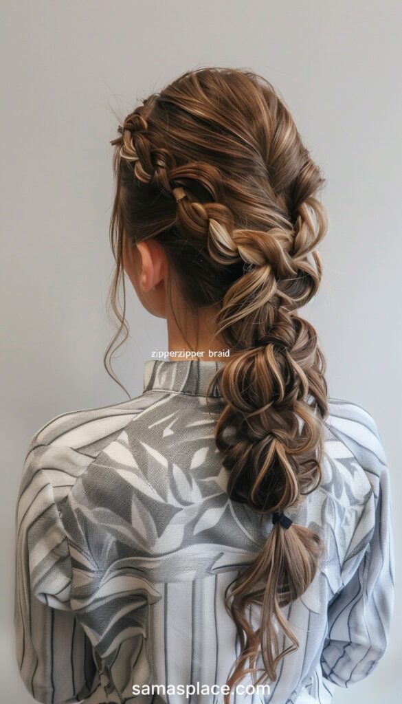 View from the back of a woman's head showing a detailed and artistic zipper braid hairstyle.