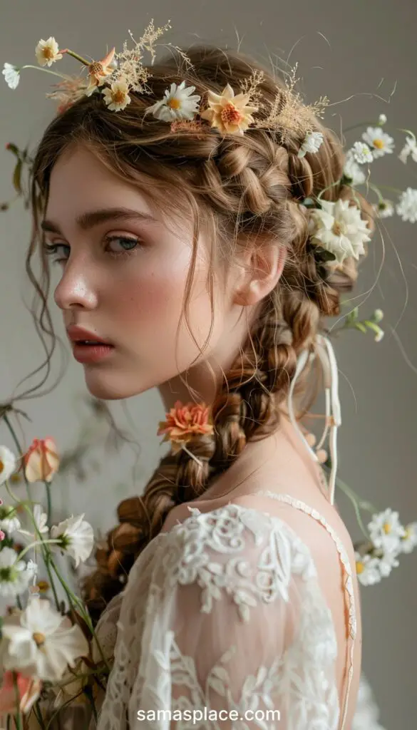 Close-up view of a woman's hairstyle featuring braids with dried flowers and delicate blossoms, exuding a vintage charm.