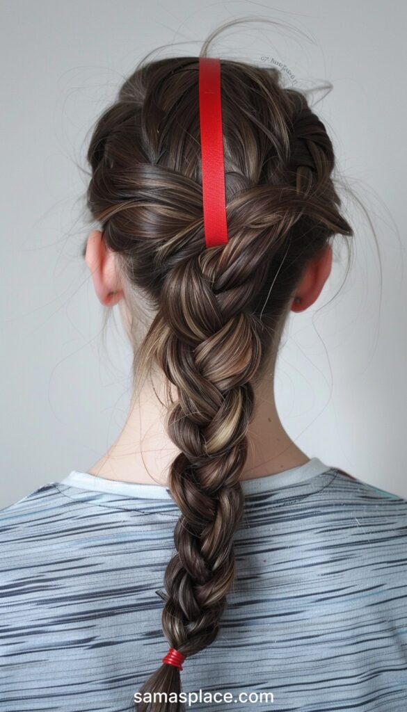 Back view of a woman with a braid enhanced by a red ribbon, giving a classic look.