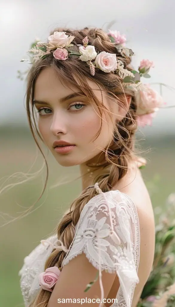 Bridal hairstyle with light pink roses and greenery woven into the braids, enhancing the romantic garden setting.