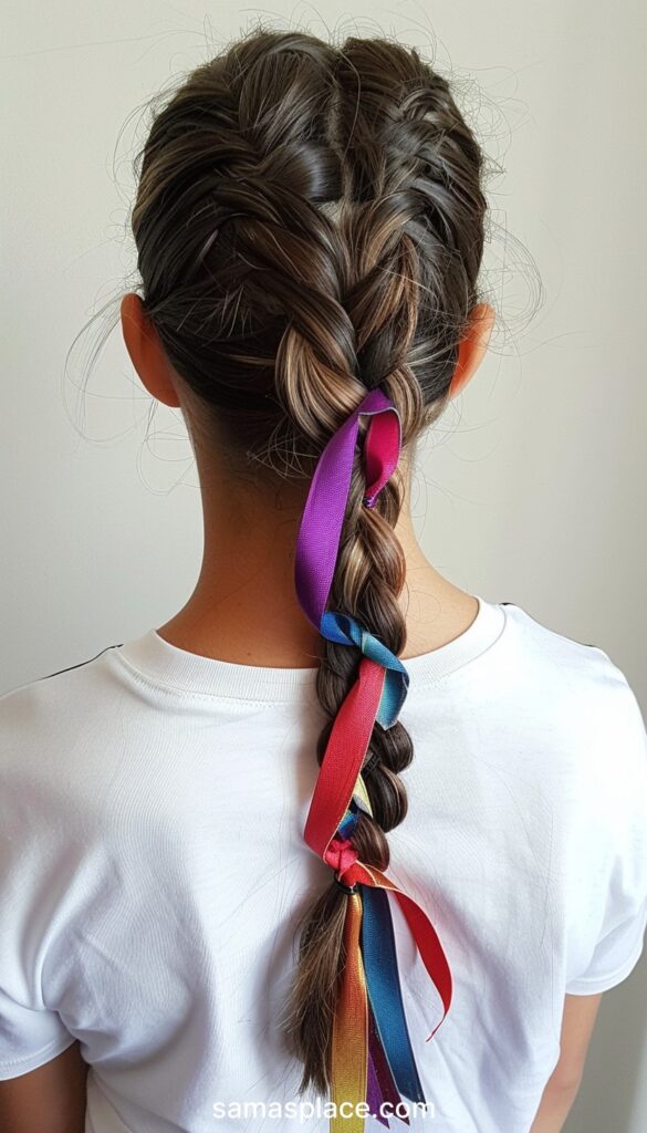 Back view of a young girl's braid decorated with colorful ribbons intertwined through the strands.